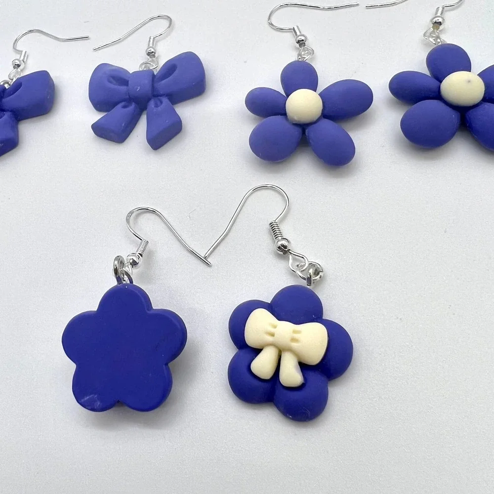 Ribbon Earrings - Bow Earrings - Flower Earrings - Indigo Blue Clay Earrings